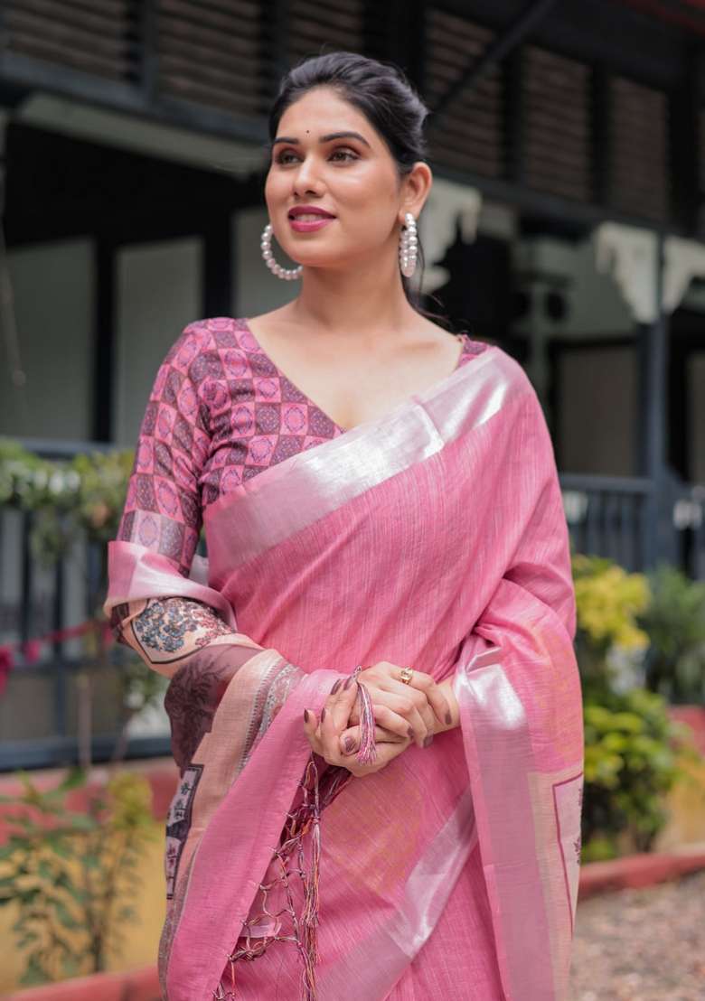 Baby Pink Zari Work Silk Blend Saree Set for Diwali and Festive Wear - Indya
