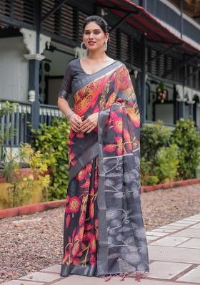 Black Zari Work Silk Blend Saree Set