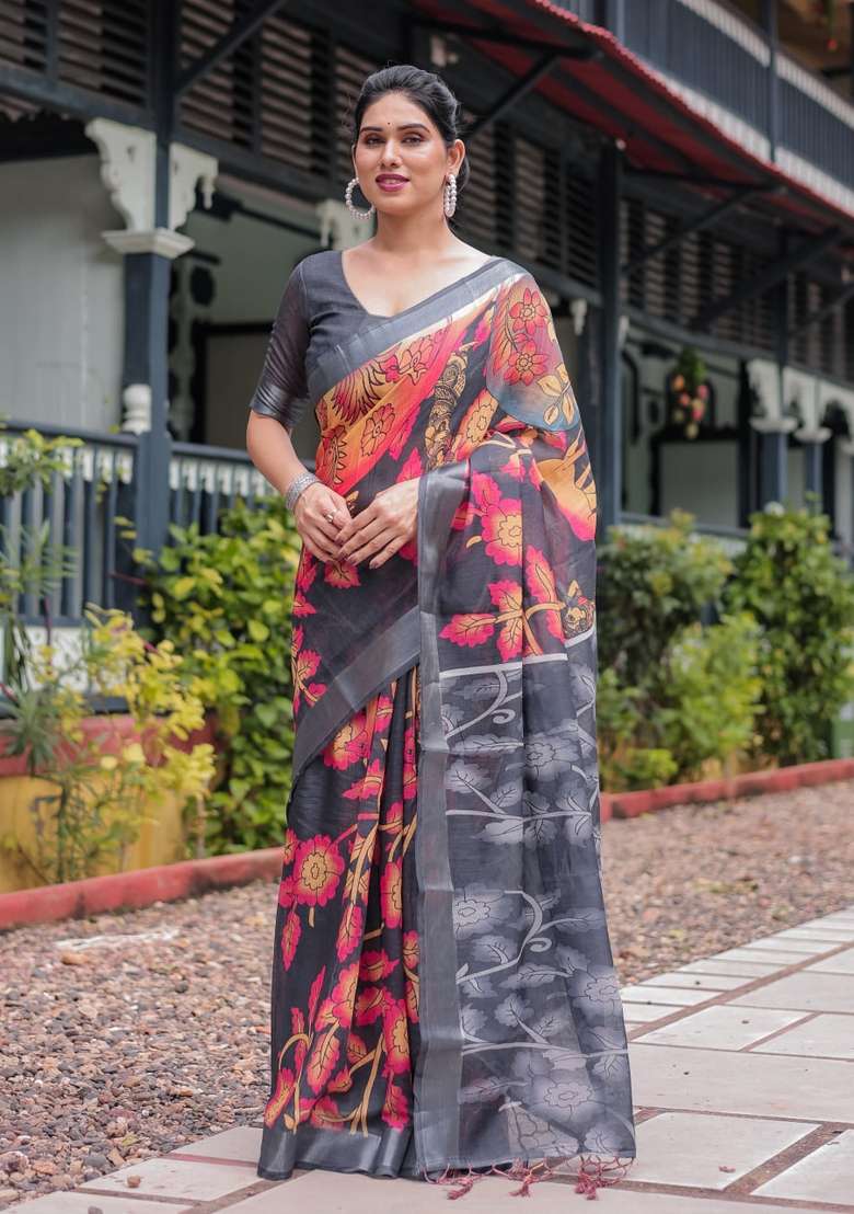 Black Zari Work Silk Blend Saree Set for Diwali and Festive Wear - Indya