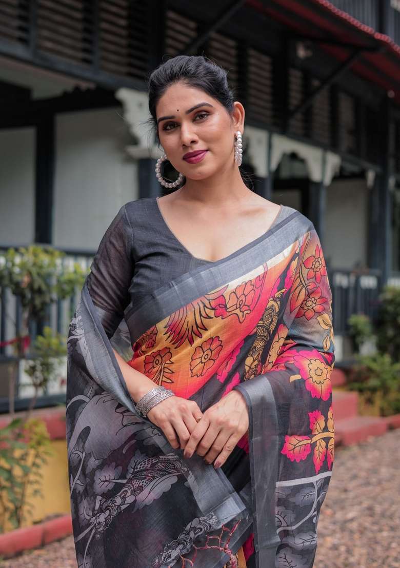 Black Zari Work Silk Blend Saree Set for Diwali and Festive Wear - Indya