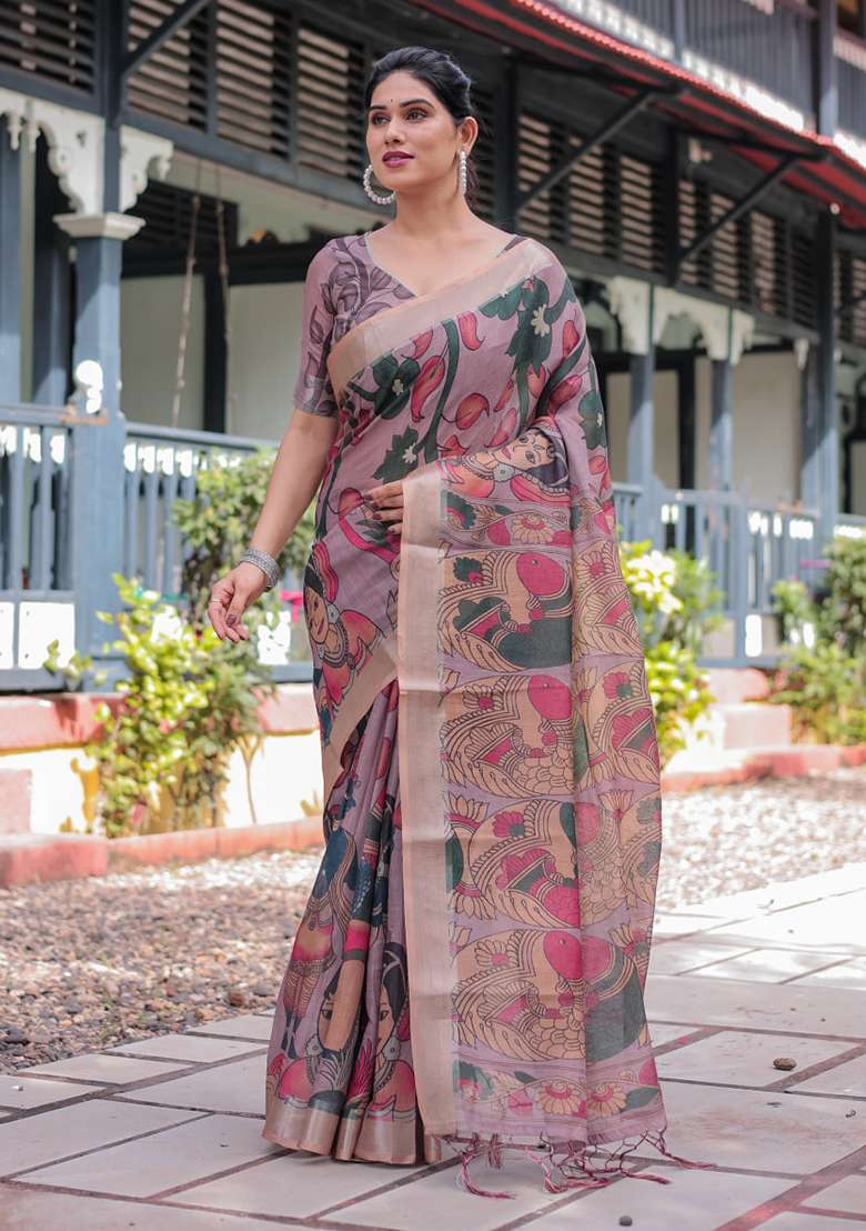 Onion Pink Silk Blend Saree Set with Zari Work for Diwali | Wedding & Festive Wear - Indya
