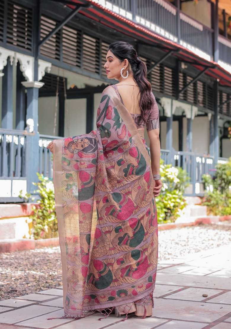 Onion Pink Silk Blend Saree Set with Zari Work for Diwali | Wedding & Festive Wear - Indya