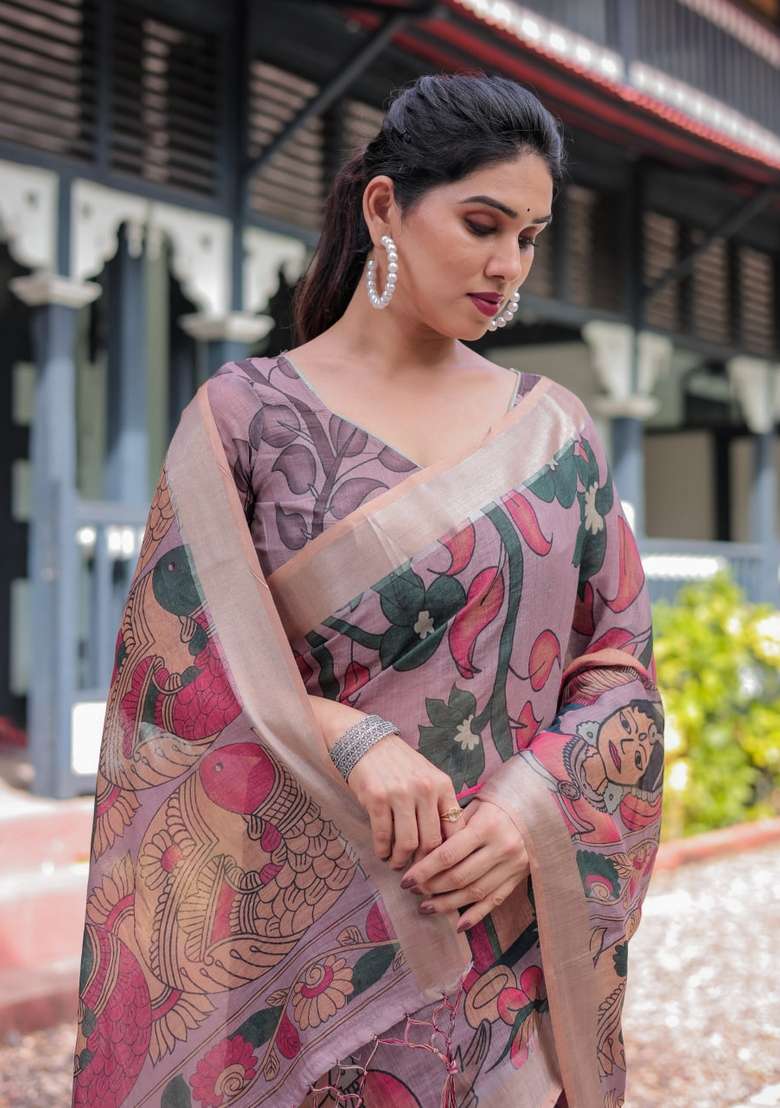 Onion Pink Silk Blend Saree Set with Zari Work for Diwali | Wedding & Festive Wear - Indya