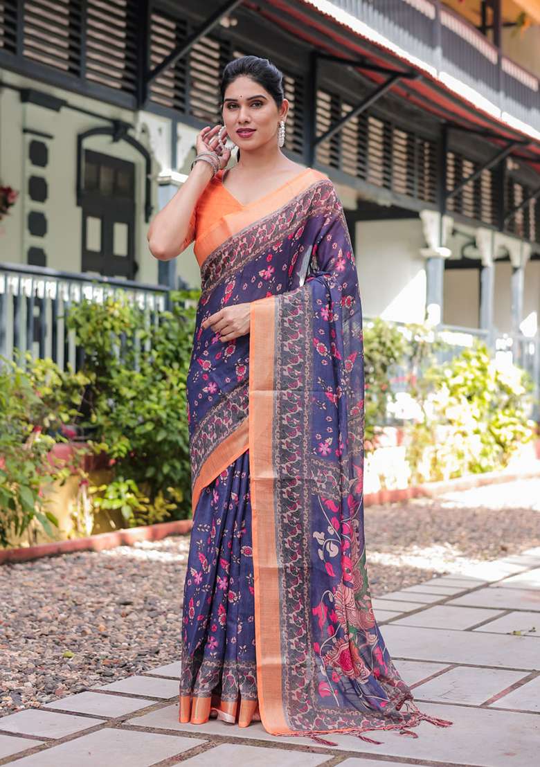 Purple Silk Blend Saree Set with Zari Work for Diwali | Wedding & Festive Wear - Indya