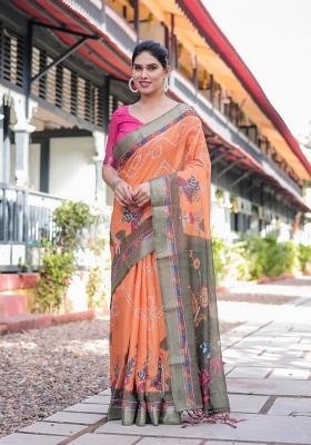Orange Zari Work Silk Blend Saree Set