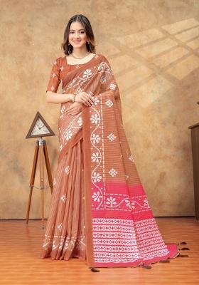 Brown Zari Work Silk Blend Saree Set
