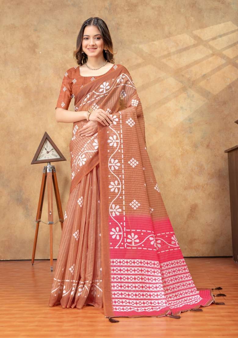 Brown Zari Work Silk Blend Saree Set for Diwali and Festive Wear - Indya