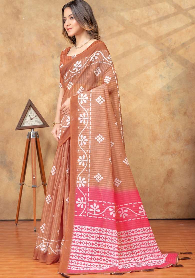 Brown Zari Work Silk Blend Saree Set for Diwali and Festive Wear - Indya