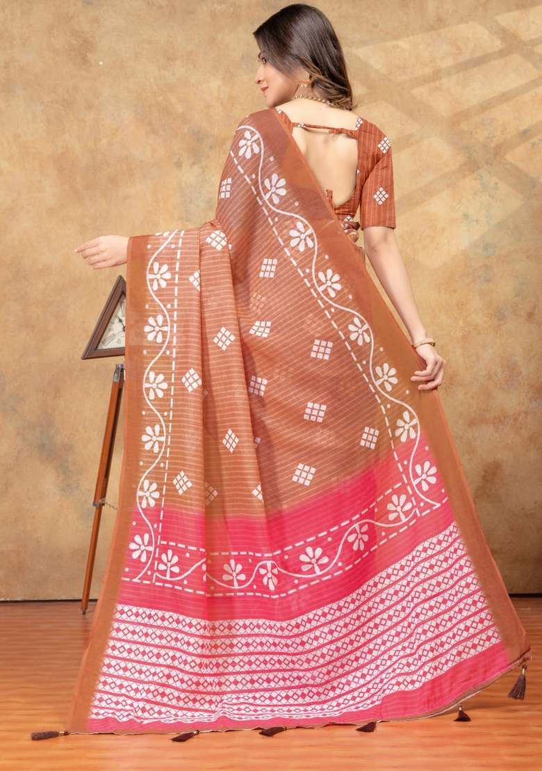 Brown Zari Work Silk Blend Saree Set for Diwali and Festive Wear - Indya