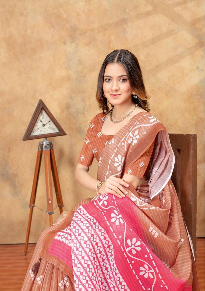 Brown Zari Work Silk Blend Saree Set for Diwali and Festive Wear - Indya