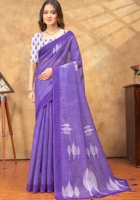 Purple Zari Work Silk Blend Saree Set