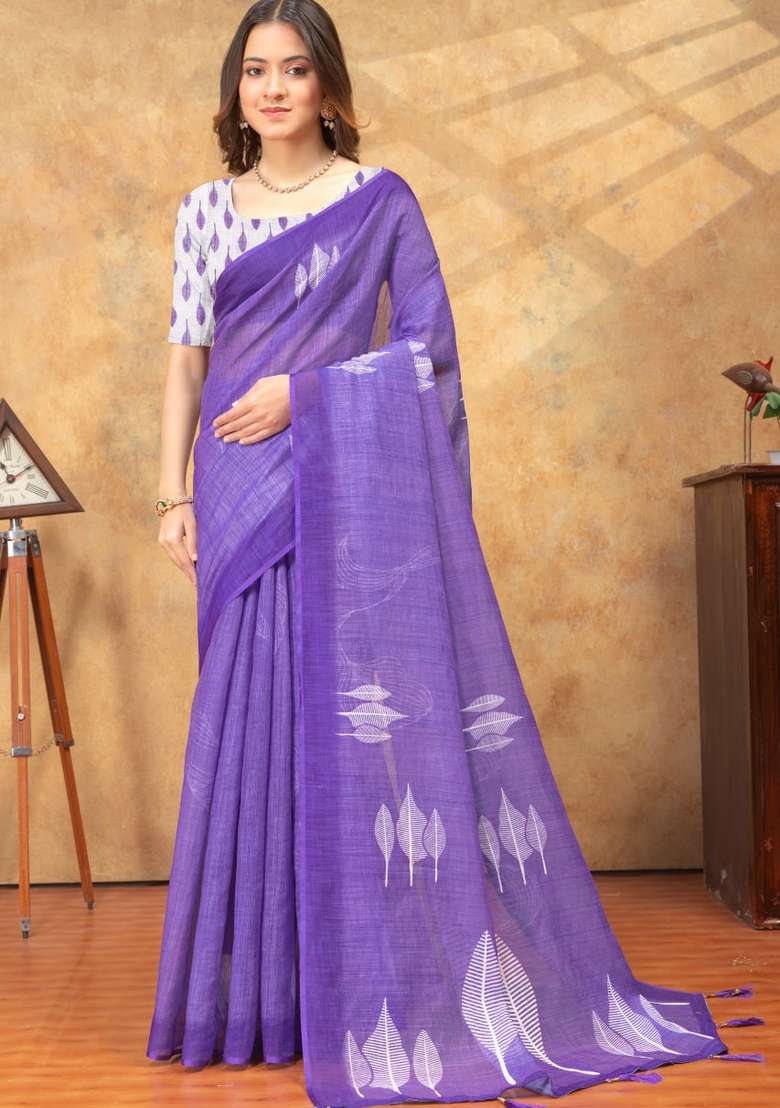 Purple Zari Work Silk Blend Saree Set for Diwali and Festive Wear - Indya