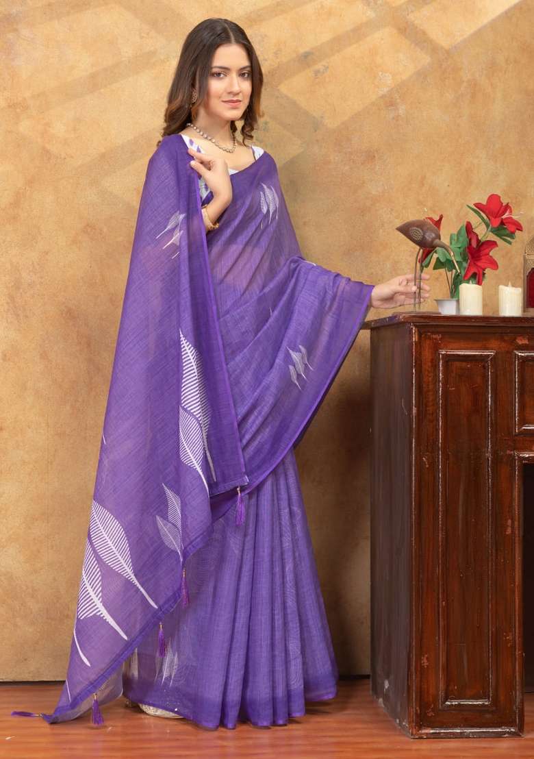 Purple Zari Work Silk Blend Saree Set for Diwali and Festive Wear - Indya