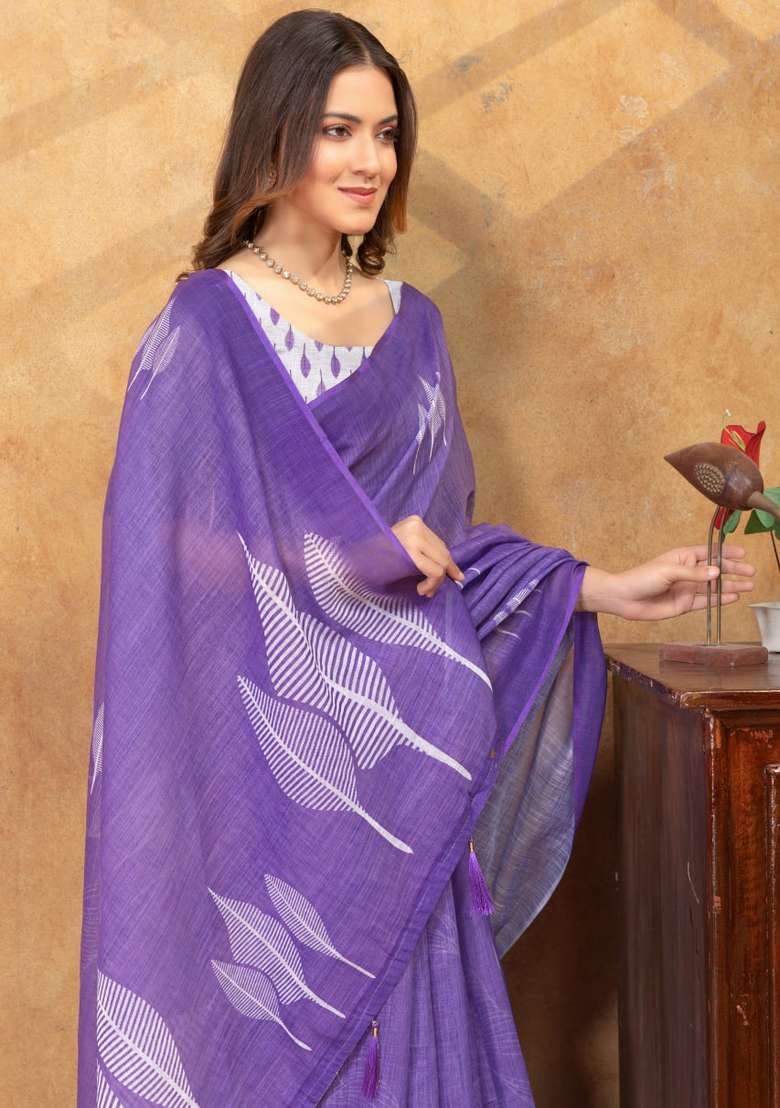 Purple Zari Work Silk Blend Saree Set for Diwali and Festive Wear - Indya