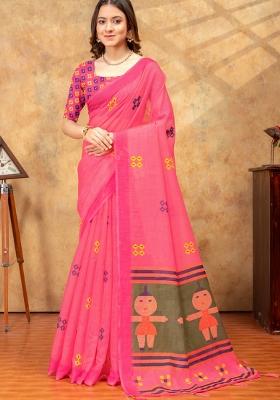Hot Pink Zari Work Silk Blend Saree Set