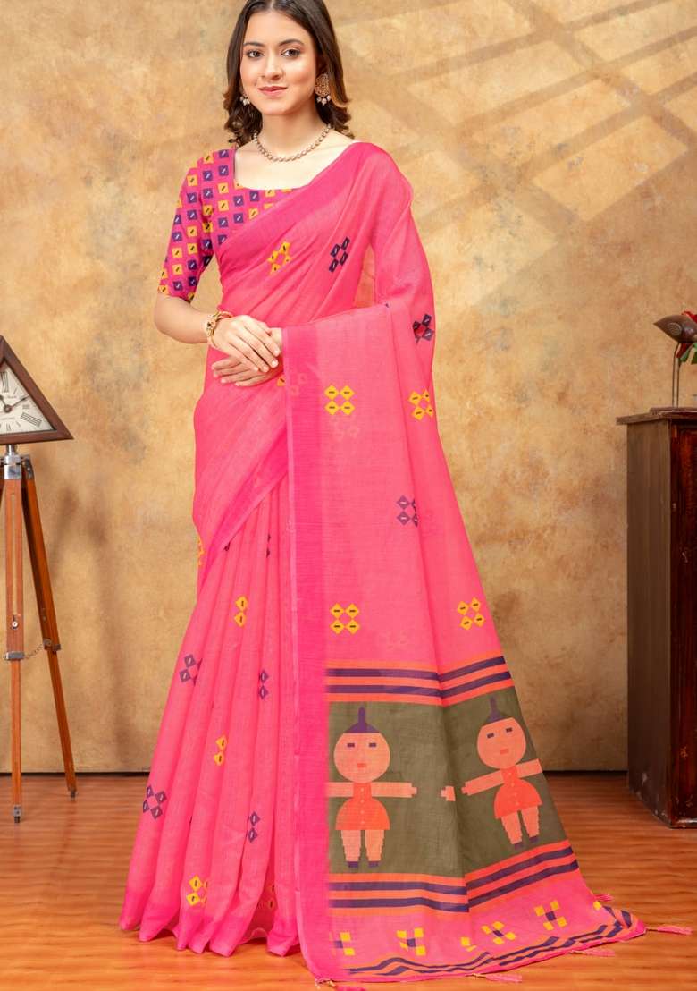 Hot Pink Silk Blend Saree Set with Zari Work for Diwali | Wedding & Festive Wear - Indya