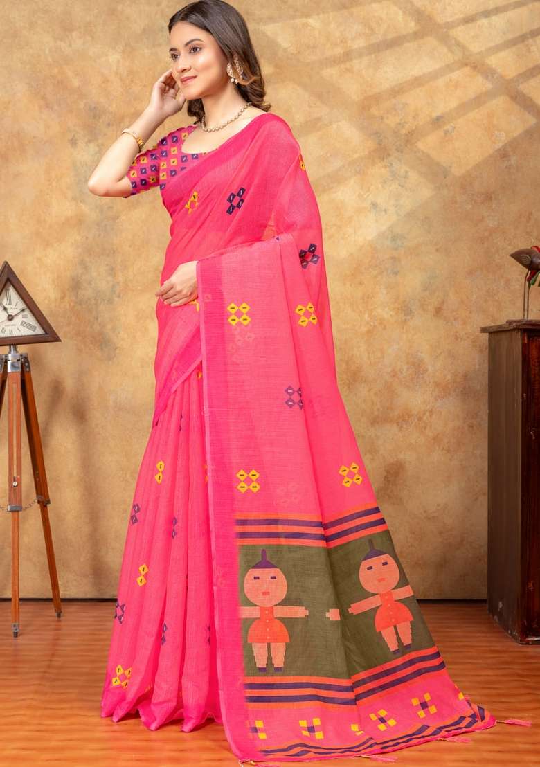 Hot Pink Silk Blend Saree Set with Zari Work for Diwali | Wedding & Festive Wear - Indya