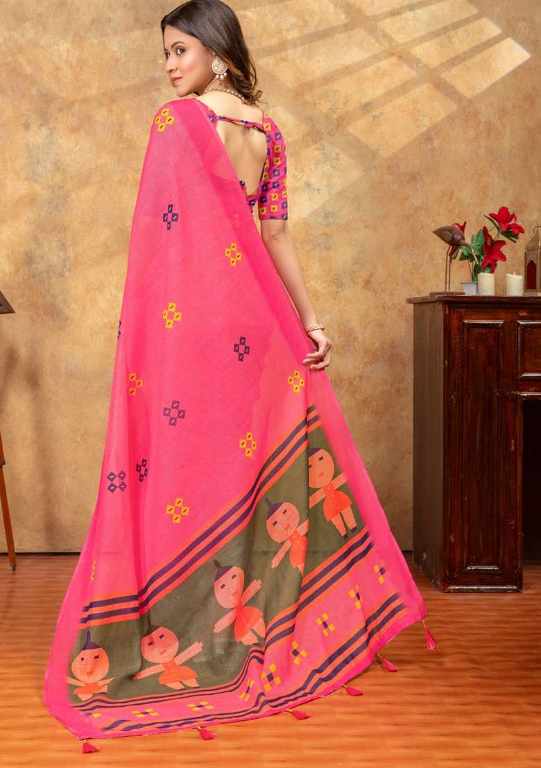 Hot Pink Silk Blend Saree Set with Zari Work for Diwali | Wedding & Festive Wear - Indya