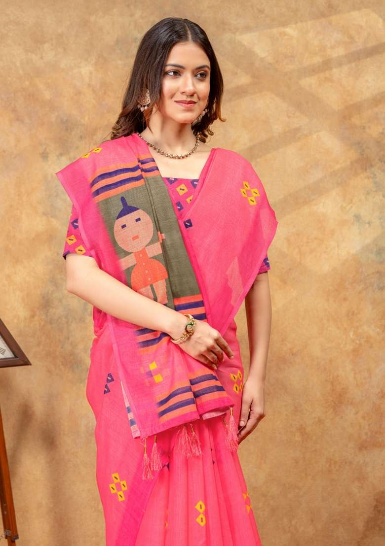 Hot Pink Silk Blend Saree Set with Zari Work for Diwali | Wedding & Festive Wear - Indya