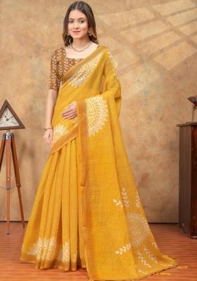 Yellow Zari Work Silk Blend Saree Set
