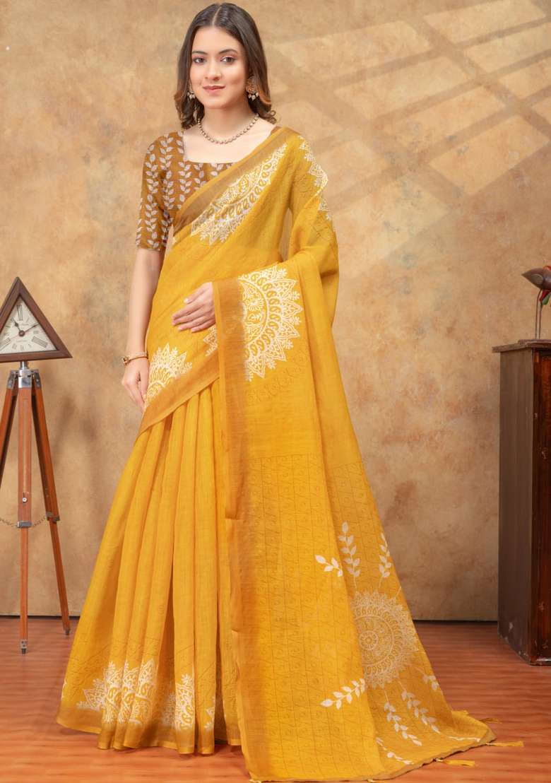 Yellow Silk Blend Saree Set with Zari Work for Diwali | Wedding & Festive Wear - Indya