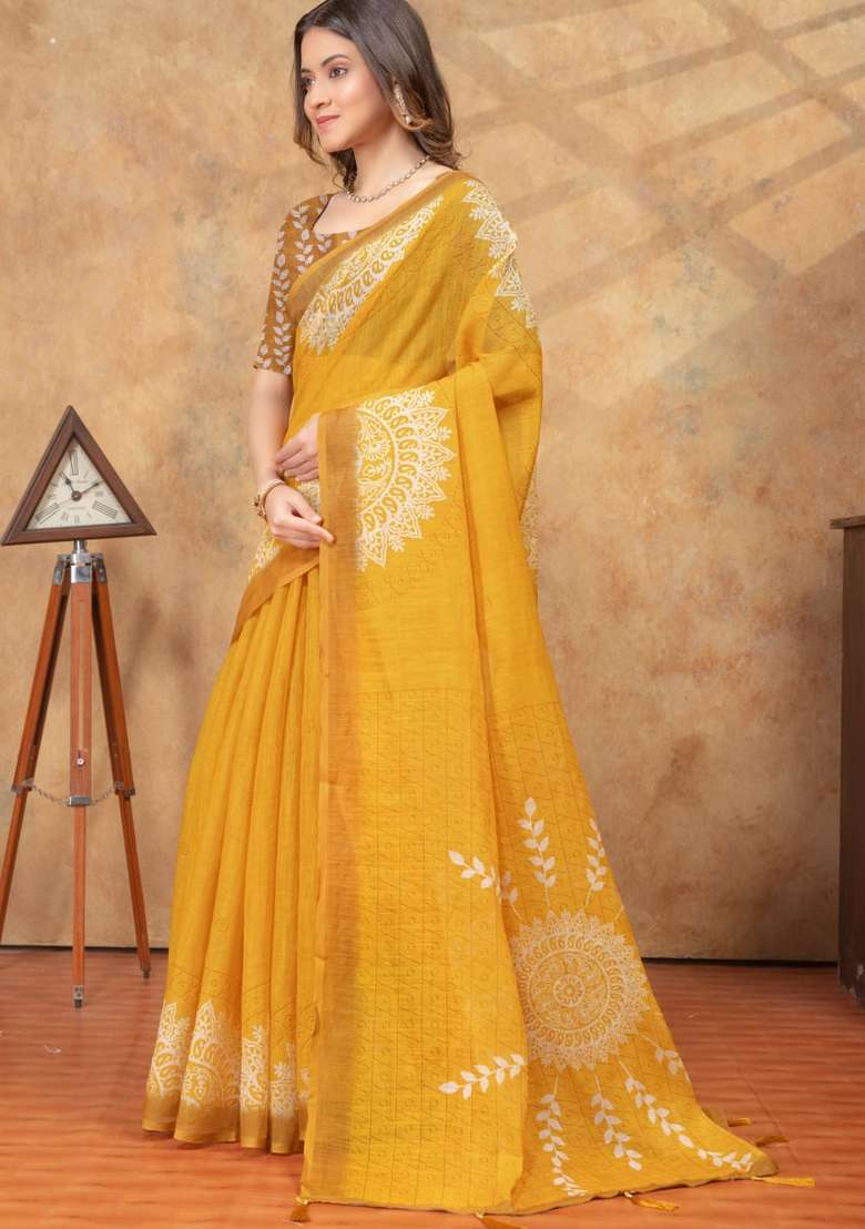 Yellow Silk Blend Saree Set with Zari Work for Diwali | Wedding & Festive Wear - Indya