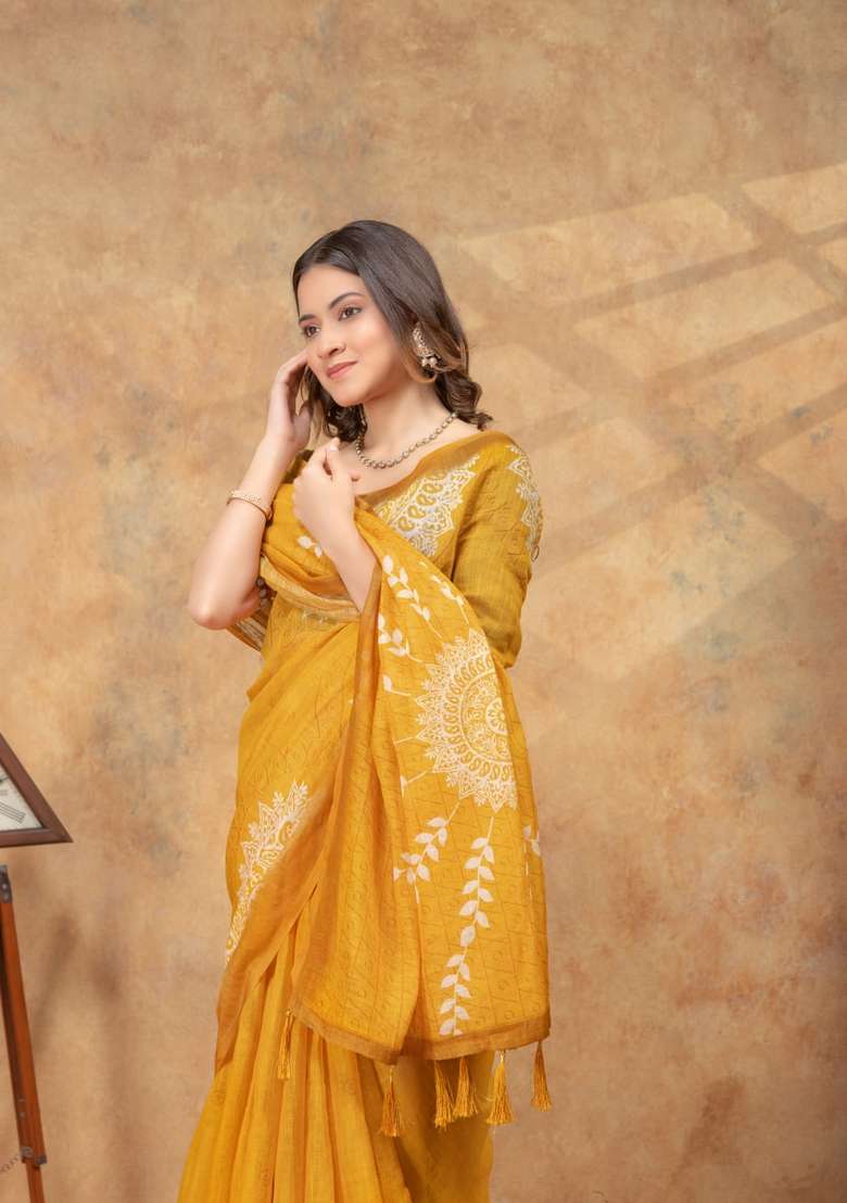 Yellow Silk Blend Saree Set with Zari Work for Diwali | Wedding & Festive Wear - Indya