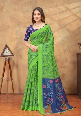 Parrot Green Zari Work Silk Blend Saree Set
