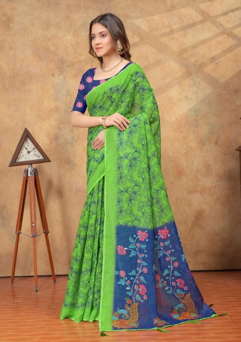 Parrot Green Zari Work Silk Blend Saree Set for Diwali and Festive Wear - Indya