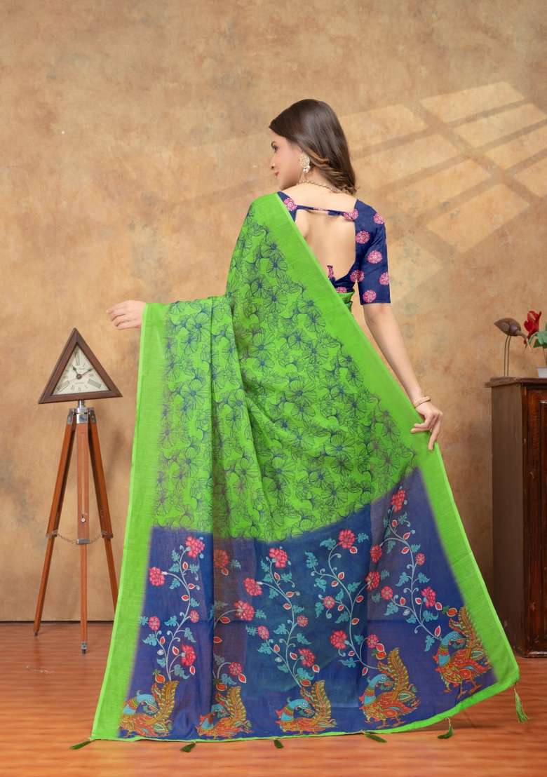 Parrot Green Zari Work Silk Blend Saree Set for Diwali and Festive Wear - Indya
