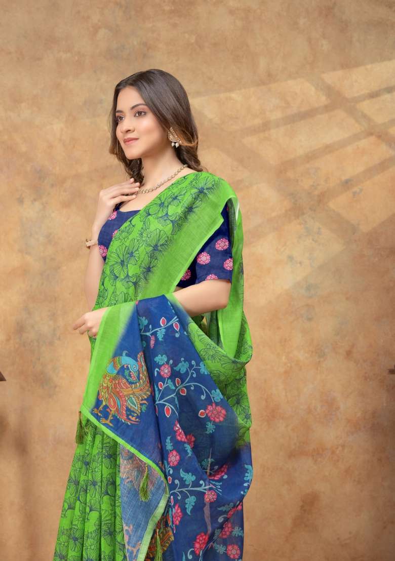 Parrot Green Zari Work Silk Blend Saree Set for Diwali and Festive Wear - Indya