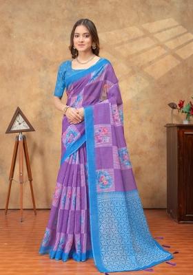 Purple Zari Work Silk Blend Saree Set