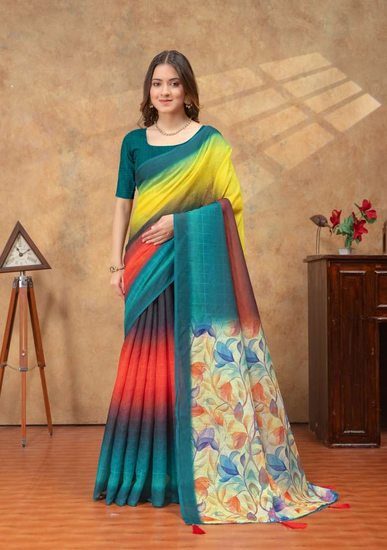 Multicolor Silk Blend Saree Set with Zari Work for Diwali | Wedding & Festive Wear - Indya