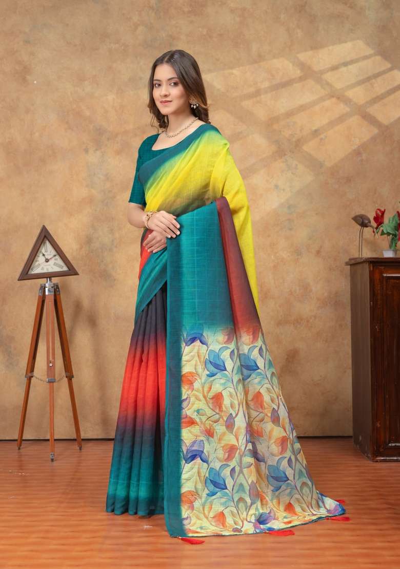 Multicolor Silk Blend Saree Set with Zari Work for Diwali | Wedding & Festive Wear - Indya