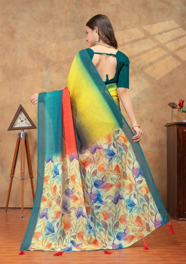 Multicolor Silk Blend Saree Set with Zari Work for Diwali | Wedding & Festive Wear - Indya