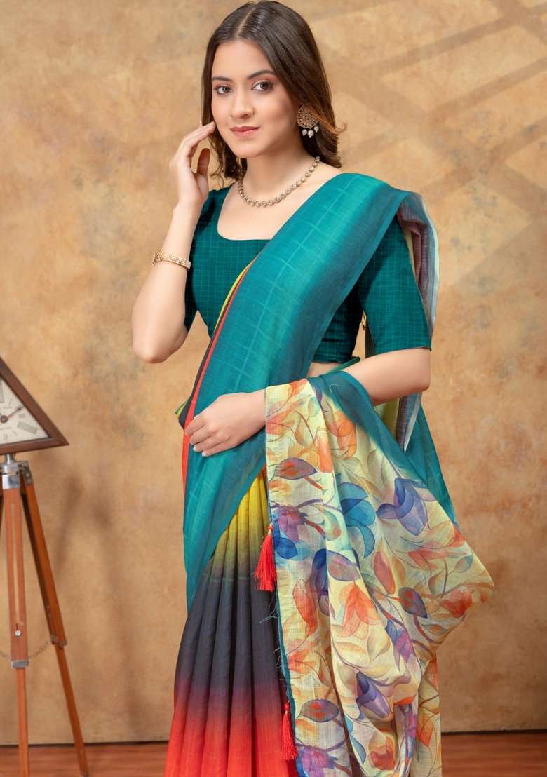 Multicolor Silk Blend Saree Set with Zari Work for Diwali | Wedding & Festive Wear - Indya