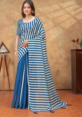 Blue Zari Work Silk Blend Saree Set