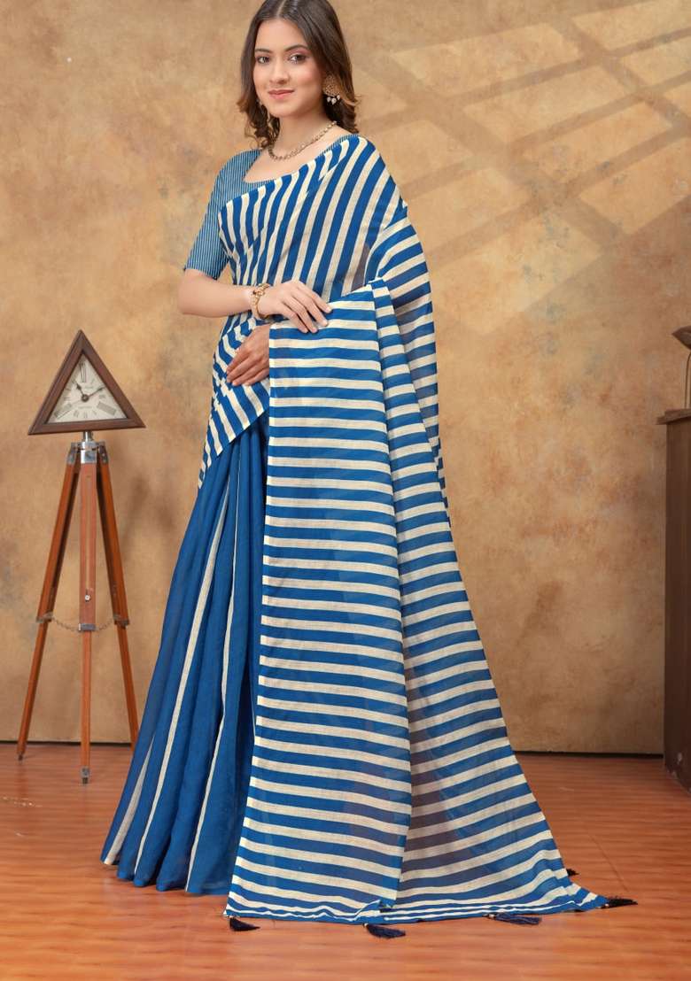 Blue Zari Work Silk Blend Saree Set for Diwali and Festive Wear - Indya
