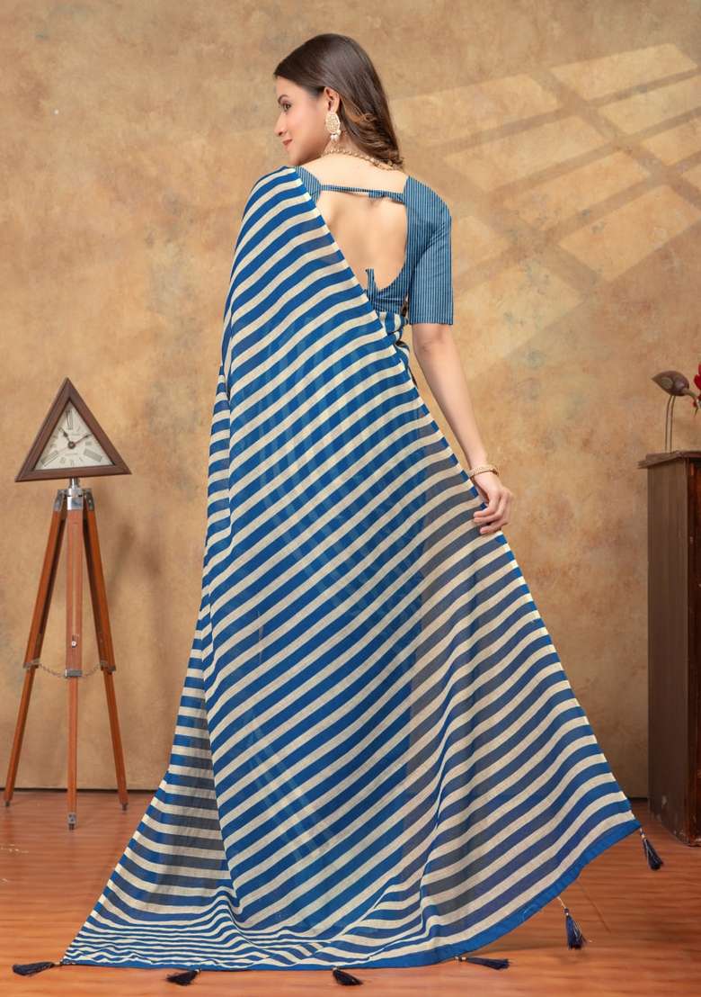 Blue Zari Work Silk Blend Saree Set for Diwali and Festive Wear - Indya