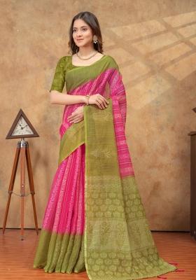 Pink Zari Work Silk Blend Saree Set