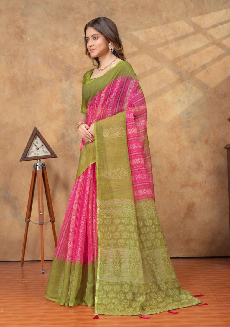 Pink Zari Work Silk Blend Saree Set for Diwali and Festive Wear - Indya