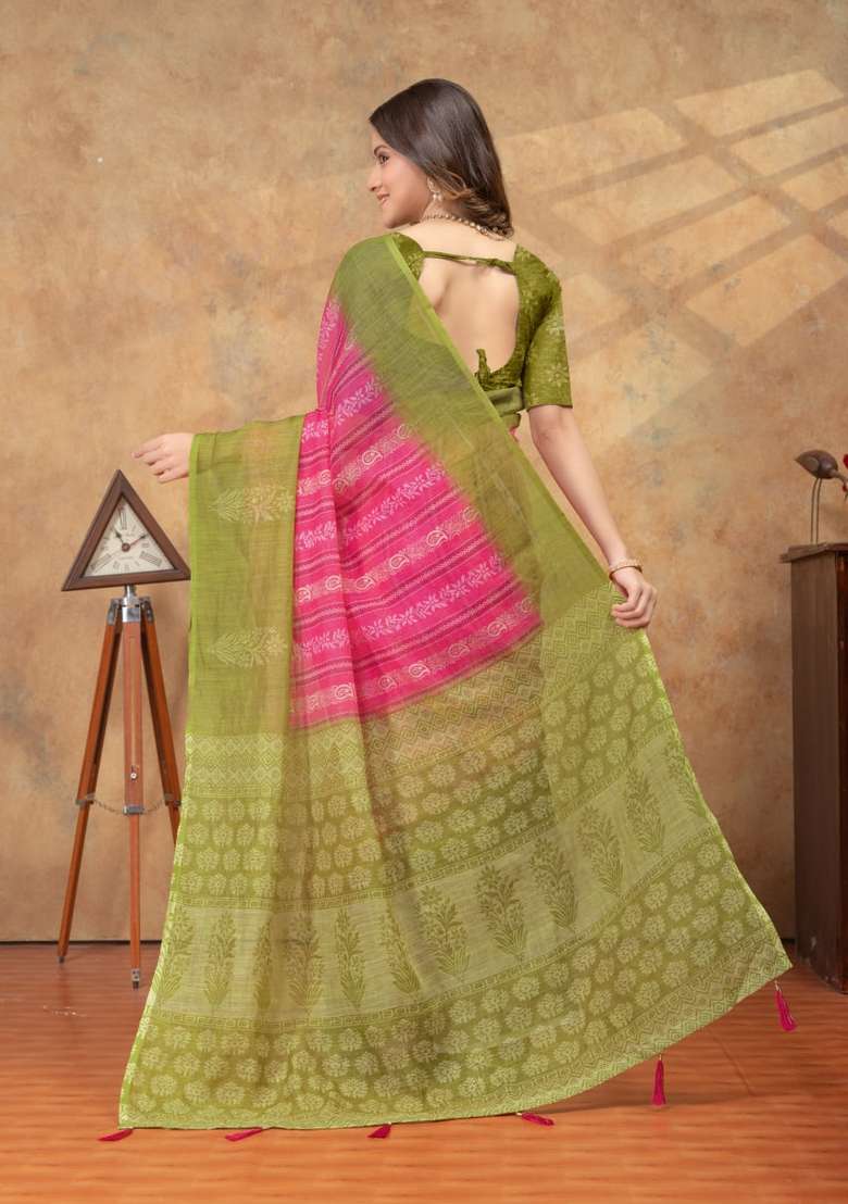 Pink Zari Work Silk Blend Saree Set for Diwali and Festive Wear - Indya