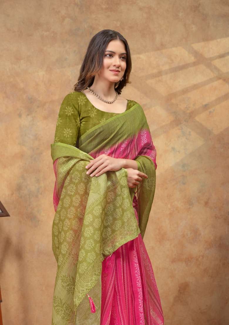 Pink Zari Work Silk Blend Saree Set for Diwali and Festive Wear - Indya