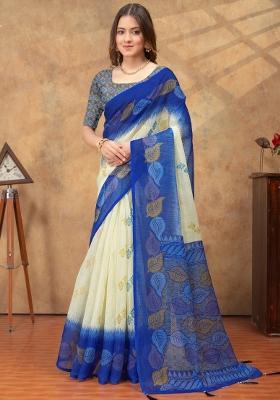 Yellow Zari Work Silk Blend Saree Set