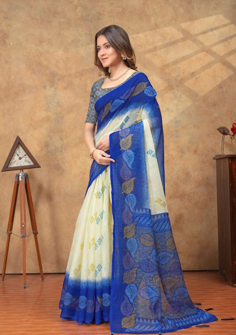 Yellow Zari Work Silk Blend Saree Set for Diwali and Festive Wear - Indya