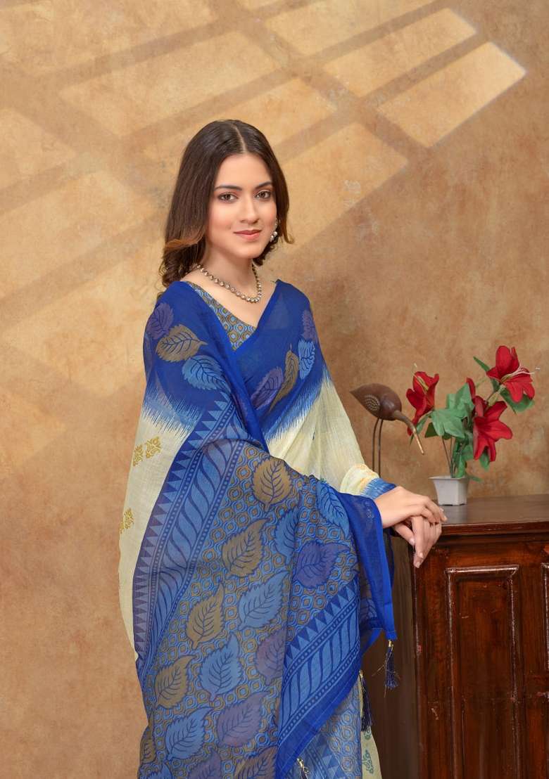 Yellow Zari Work Silk Blend Saree Set for Diwali and Festive Wear - Indya