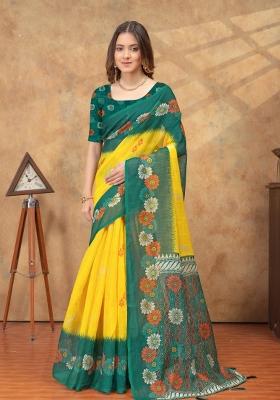 Yellow Zari Work Silk Blend Saree Set