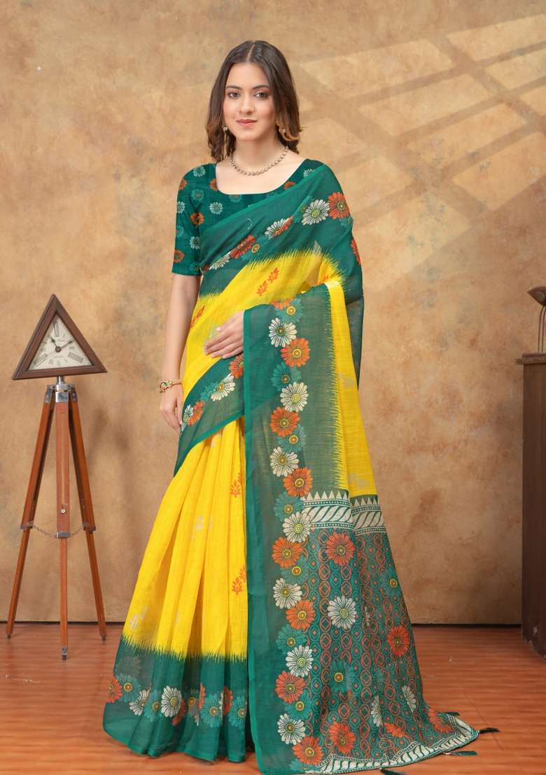 Yellow Zari Work Silk Blend Saree Set for Diwali and Festive Wear - Indya