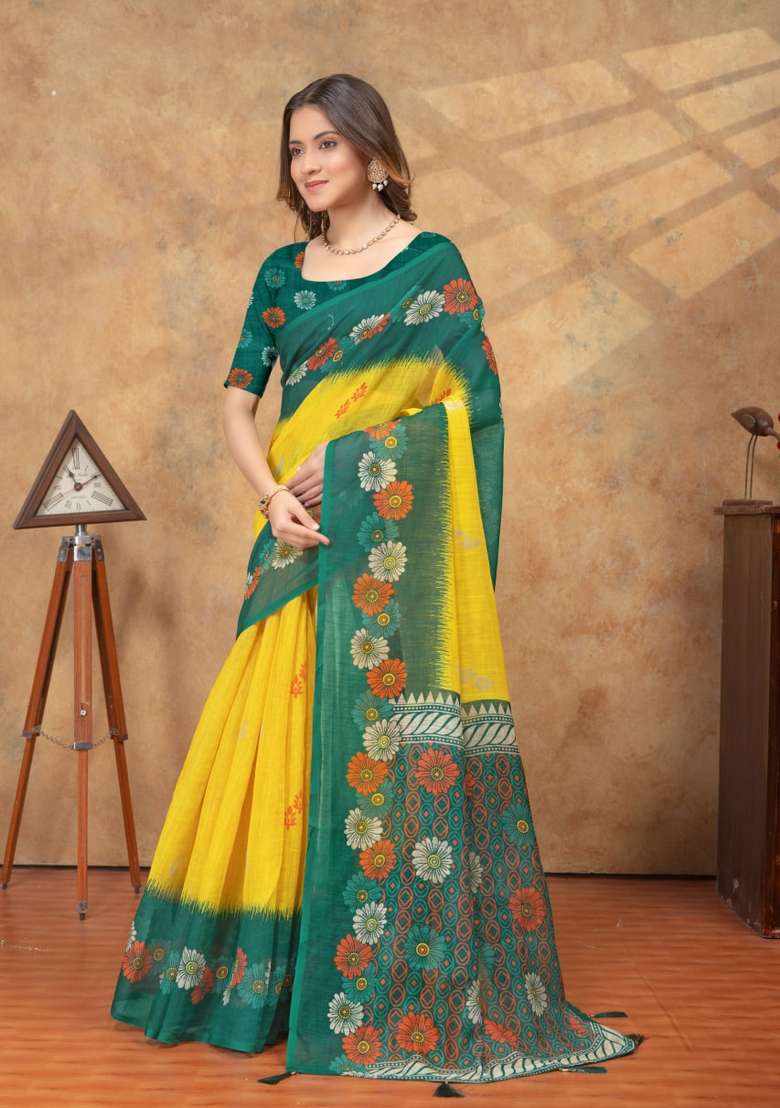 Yellow Zari Work Silk Blend Saree Set for Diwali and Festive Wear - Indya