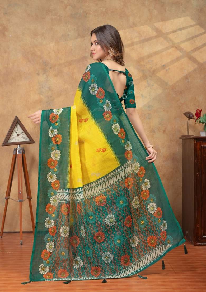 Yellow Zari Work Silk Blend Saree Set for Diwali and Festive Wear - Indya